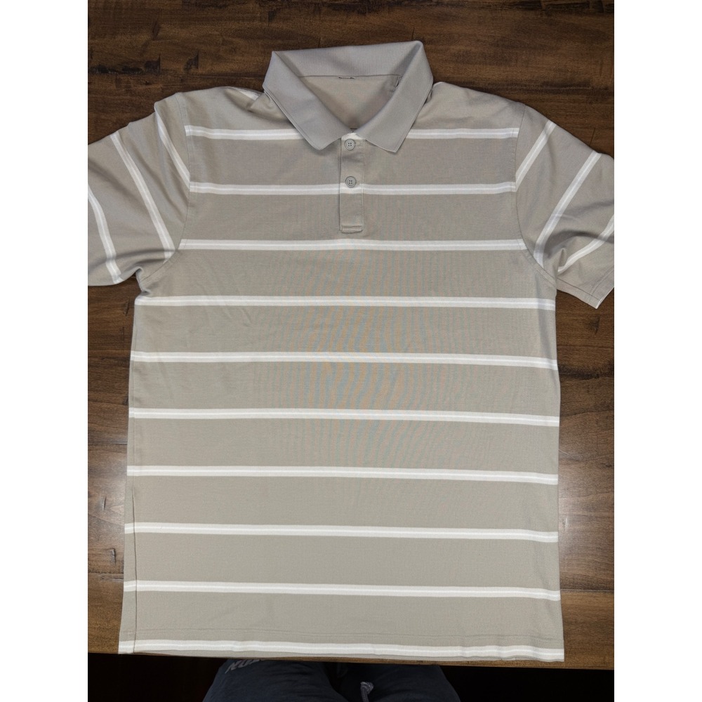 Mens Tan White Striped Short Sleeve Polo Shirt Casual Golf Top Large